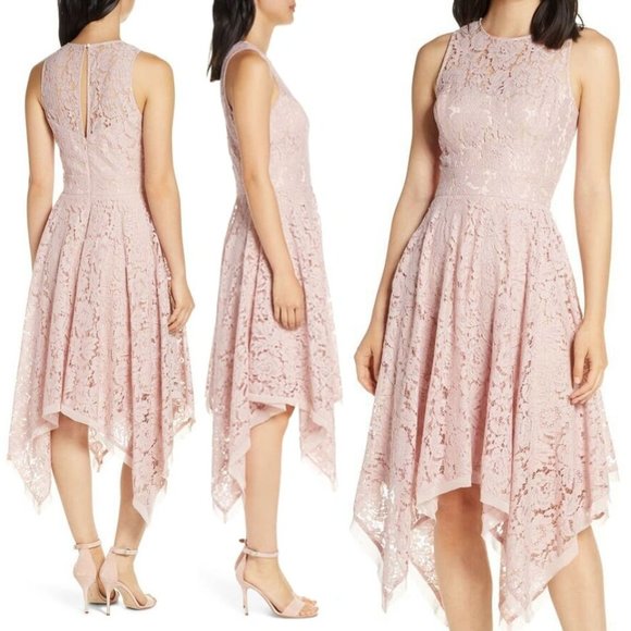 Eliza J Floral Lace Handkerchief Hem High Neck Midi Dress Blush Pink Lace 6 $178 - Picture 1 of 16